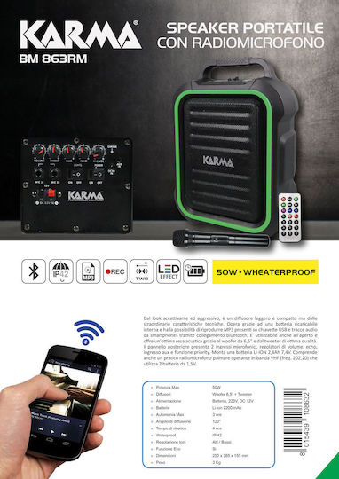 Karma Boxă Karaoke cu Microfon Wireless și Efecte de Iluminare Italiana Bm 863rm Negru