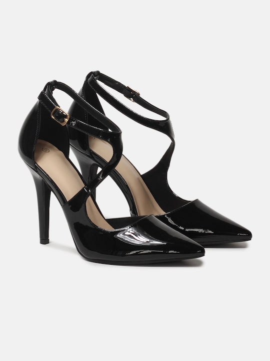 InShoes Patent Leather Pointed Toe Black Heels with Strap