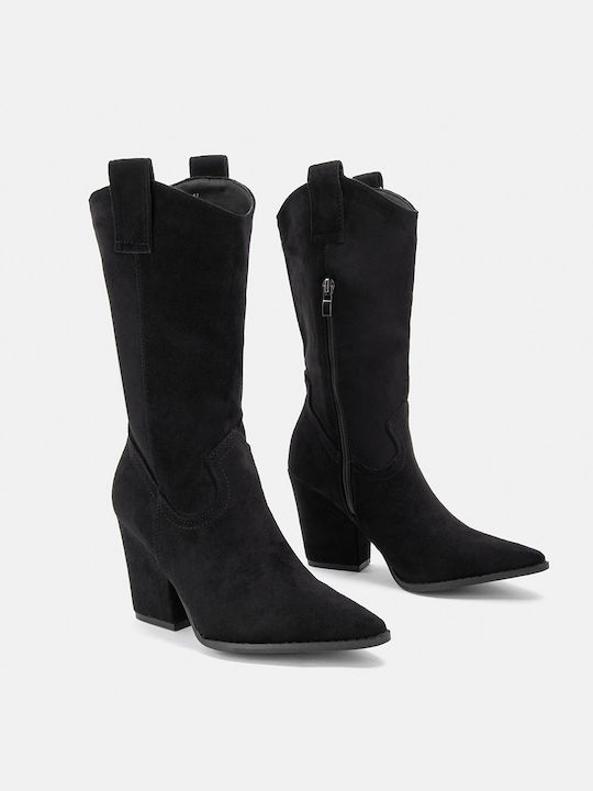 Bozikis Suede High Heel Cowboy Boots with Zipper Black