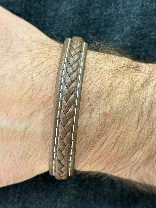 Men's Stainless Steel Bracelet in Brown Tan Leather with White Stitches.