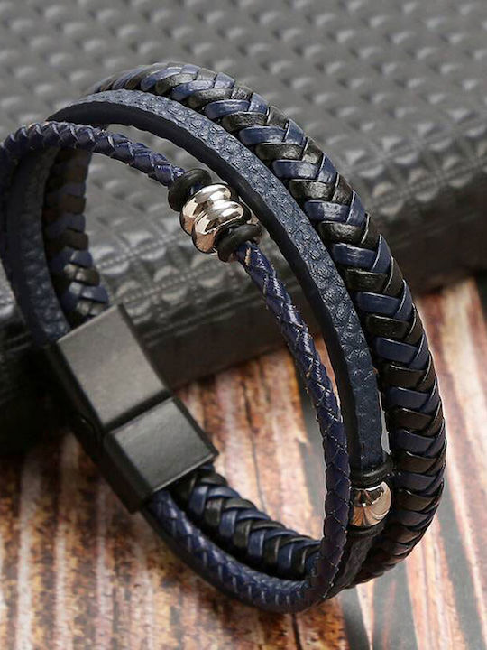 Men's Stainless Steel Bracelet with Triple Blue Leather.