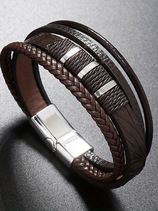 Men's Stainless Steel Bracelet with Quadruple Brown Leather.