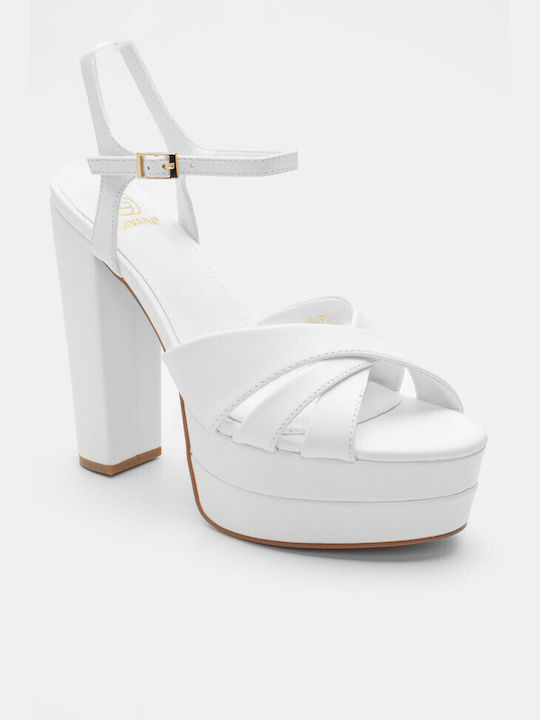 Luigi Platform Synthetic Leather Women's Sandals with Ankle Strap White with Low Heel