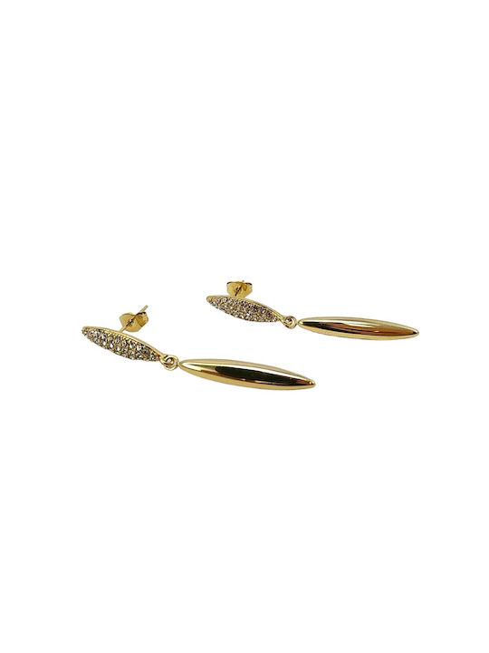 Stainless Steel Earrings, Long Leaf Design, White Rhinestones, Gold - Ss-3199