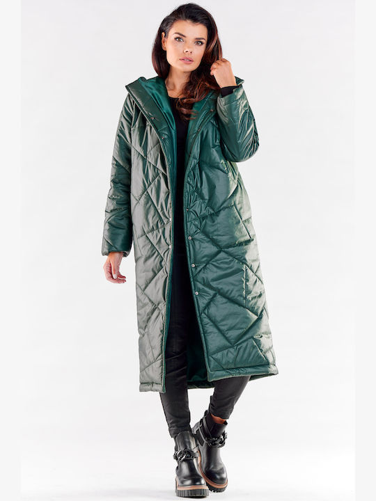 Awama Women's Long Coat with Hood Green