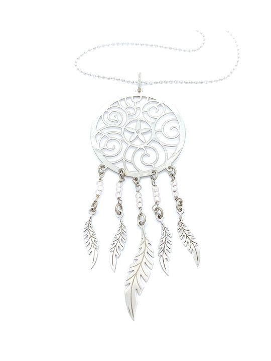 925 Silver Plated Necklace with Dreamcatcher Design, Starfish Shells, 5 Feathers, and White Transparent Zircon Stones