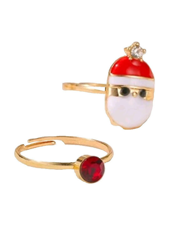 Handmade Gold Metal Open Christmas Santa Claus and Red Rhinestone 2-Piece Ring Set, 2cm Diameter (tatu Moyo)