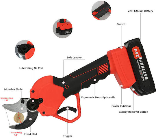 Pruning Shears 24V with 2 Batteries & Maximum Cutting Diameter 30mm in Carrying Case