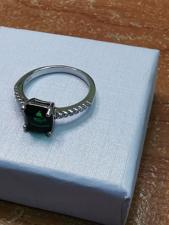 Single Stone Ring Silver 925 Platinum Plated with Green Zircon Stone and White Stones on the Side Size 52/12