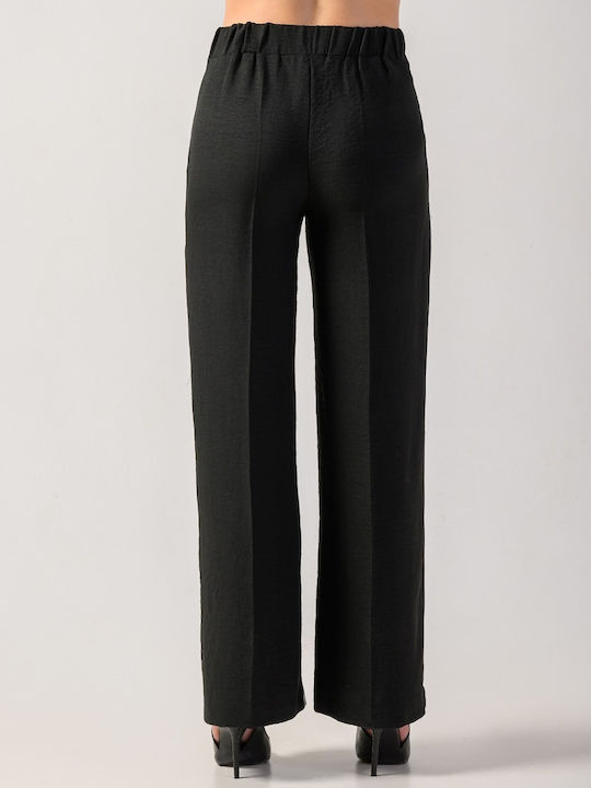 Derpouli Damen Stoff Palazzo-Hose mit Gummizug Schwarz