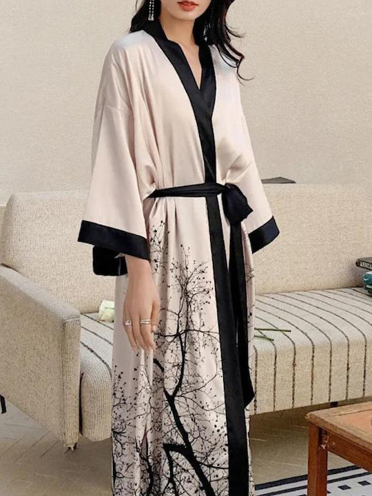 Vanna Long Wide Long-Sleeve Robe with Belt & Japanese Tree Pattern with Thick Stripes at the Hem