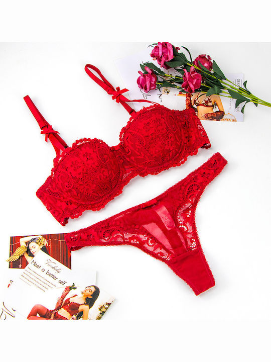 Flore Shell Shape Padded Balconette Bra Set with Floral Lace, Double Strap with Bow & Sheer Thong with Large Bow