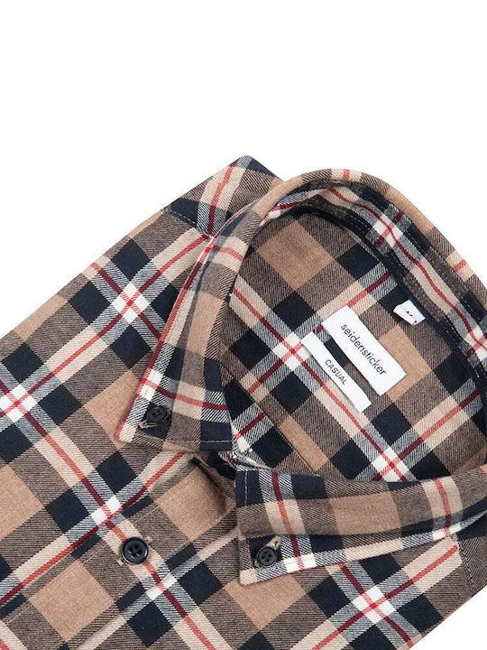 SEIDENSTICKER MEN'S TWILL FLANNEL PLAID SHIRT BROWN CASUAL FIT WITH BUTTON DOWN COLLAR