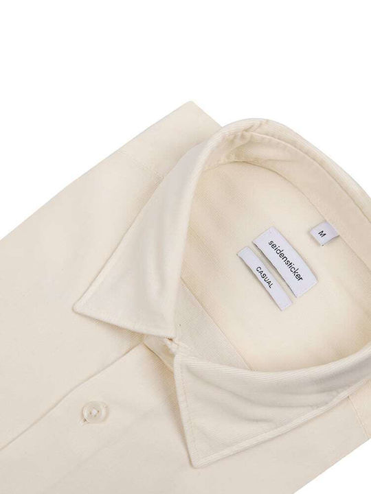 SEIDENSTICKER MEN'S CORDUROY SHIRT ECRU CASUAL FIT WITH EMBROIDERY COLLAR