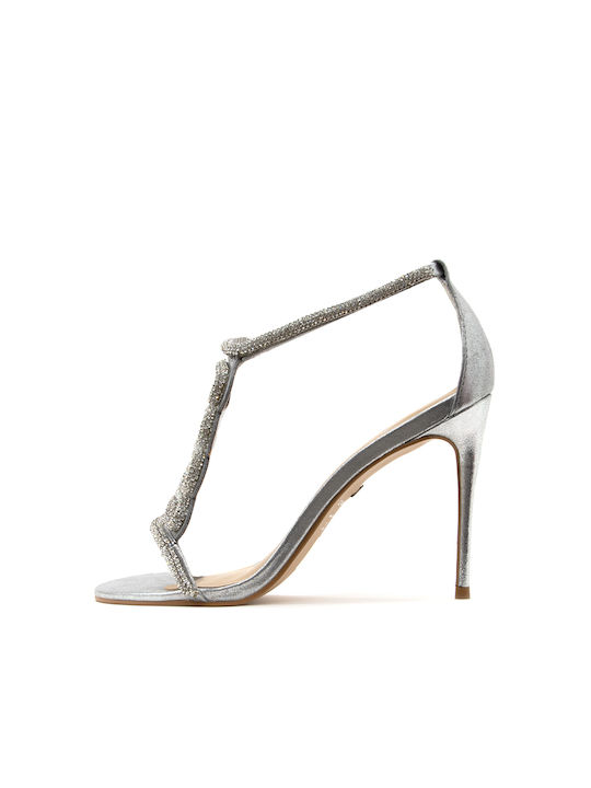 Carrano Leather Women's Sandals with Strass Silver with High Heel