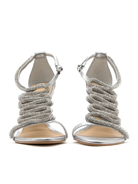 Leather Sandals with Strass Silver