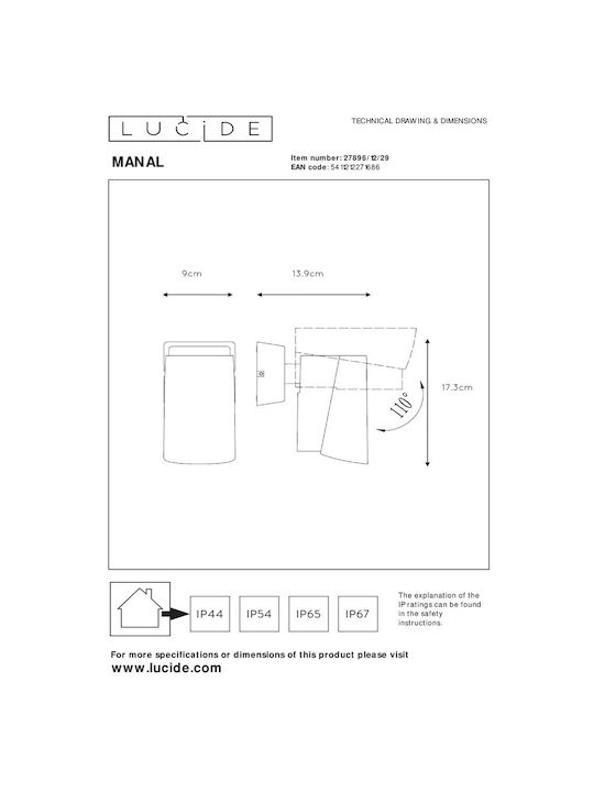 Lucide Lightning Wandmontierte Außenleuchte LED IP65 12W mit Warmweiß Licht