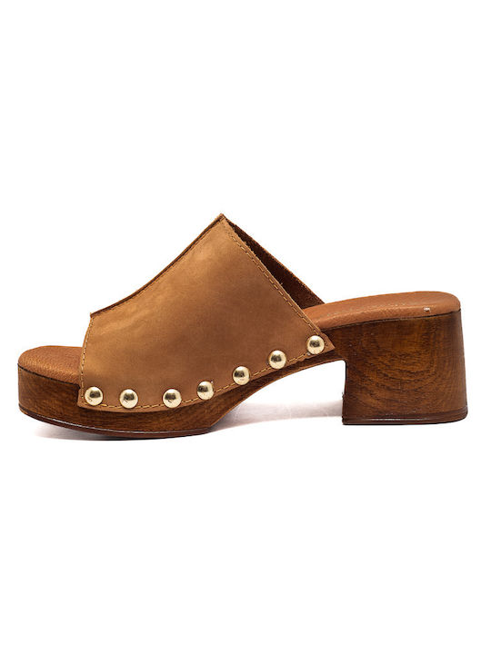 Leather Mules with Chunky Low Heel in Brown Color