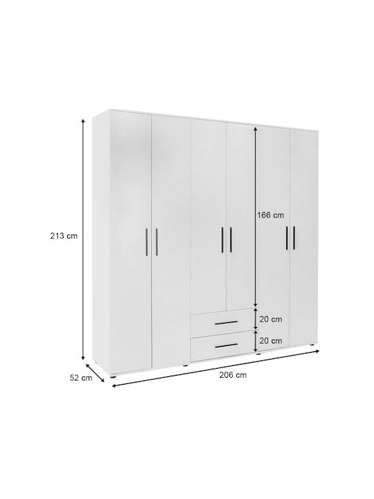 Bianco Εξάφυλλη Ντουλάπα Λευκό 206x52x213cm