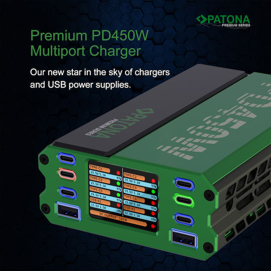 Patona Charging Station With 2 USB-A Output Ports And 6 USB-C Output Ports And USB-C - USB-C Power Delivery Cable In Green Color PD450W