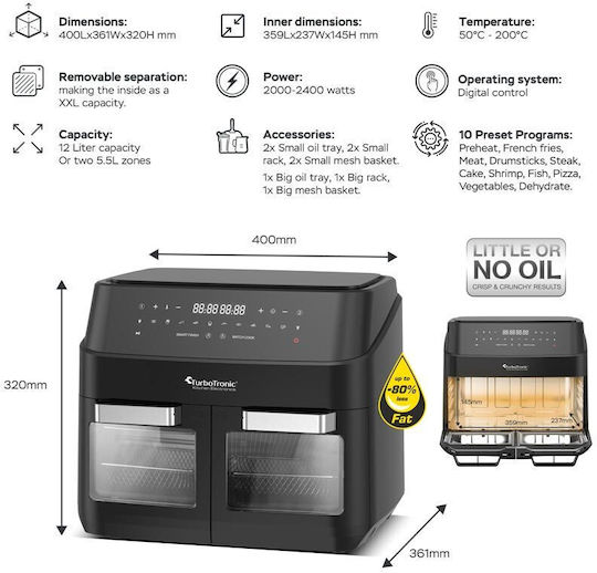 Turbotronic Air Fryer 12lt Μαύρο TT-DAF7W