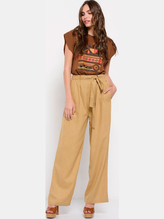 Women's High-waisted Fabric Trousers with Elastic Oat Milk