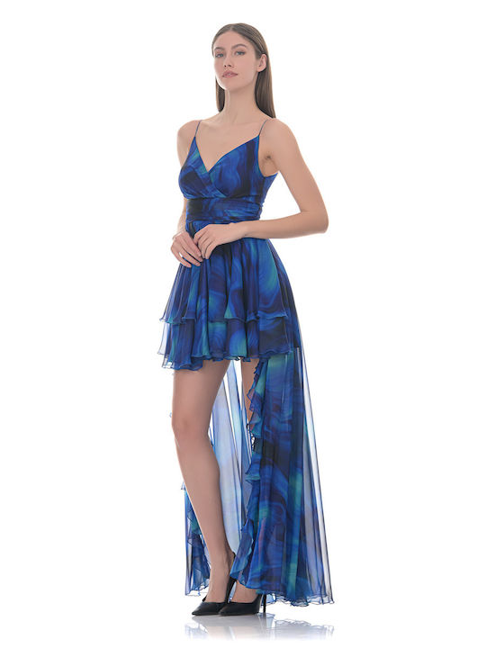Farmaki Mini Βραδινό Φόρεμα με Βολάν Μπλε
