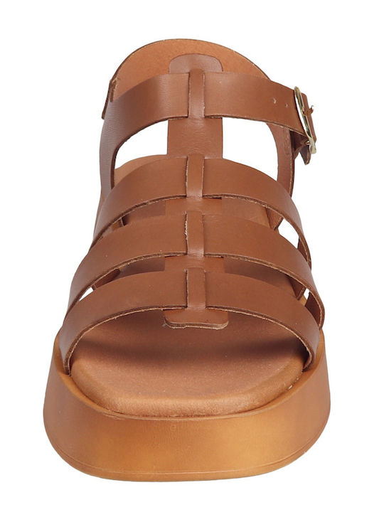 Leder Flache Sandalen für Damen mit Riemen Flatforms in Tabac Braun Farbe