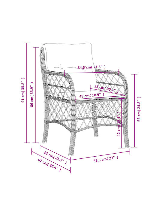 Scaun de exterior Rattan Gri cu pernă 2buc 48x51x86cm