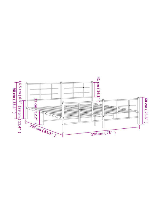 King Size Metal Bed White with Slats for Mattress 193x203cm
