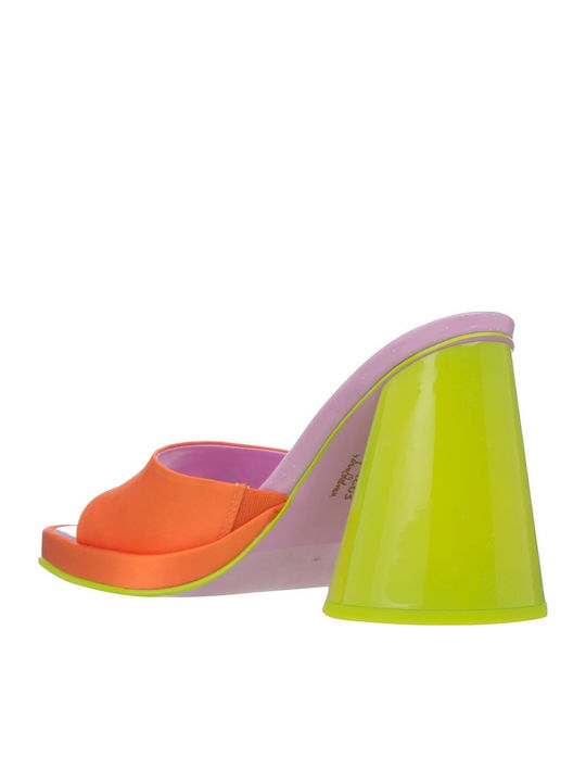 Satin Mules with Chunky High Heel in Orange Color
