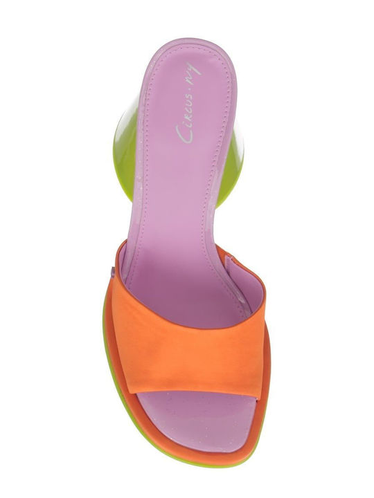 Satin Mules with Chunky High Heel in Orange Color