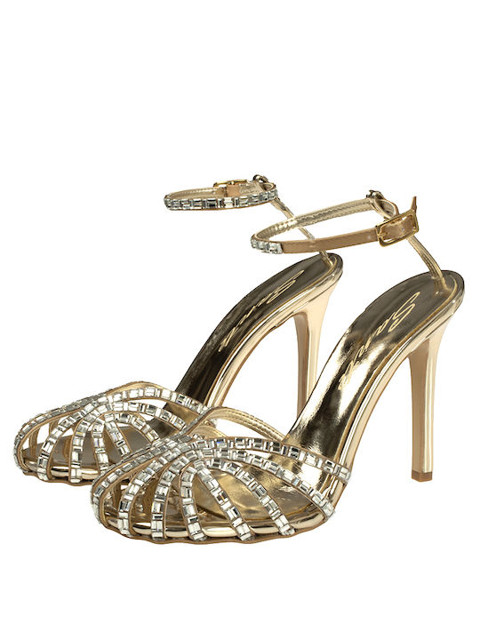 Sante Synthetic Leather Women's Sandals with Strass Gold with High Heel