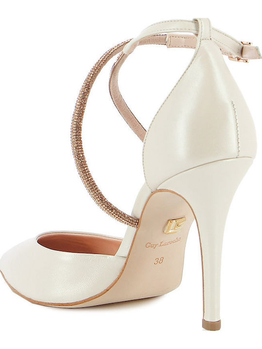 Leather Stiletto Ecru High Heels with Strap