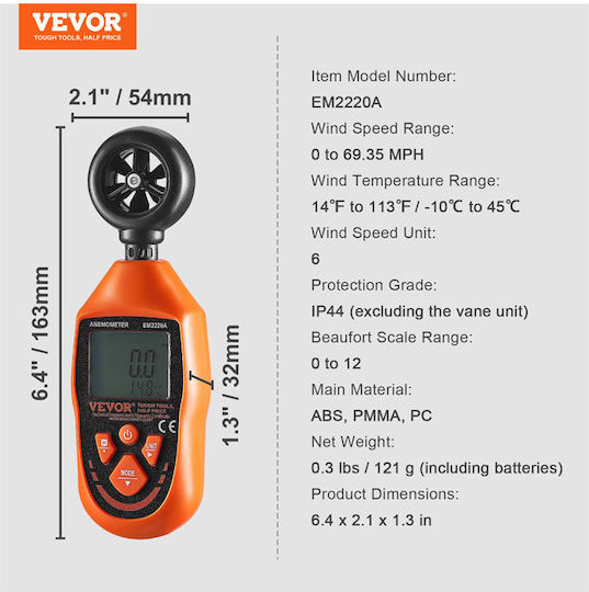 Vevor YTSFSJ6ZFSBX67P00V9 Ανεμόμετρο