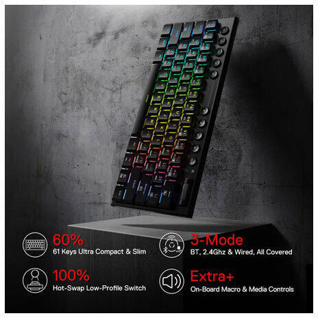 Redragon Noctis K632 Pro Ασύρματο Gaming Μηχανικό Πληκτρολόγιο 60% με Custom Red διακόπτες και RGB φωτισμό (Αγγλικό US) Κόκκινο
