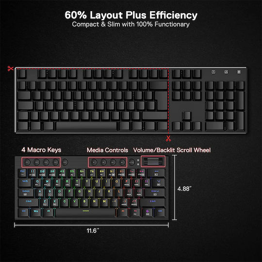 Redragon Noctis K632 Pro Ασύρματο Gaming Μηχανικό Πληκτρολόγιο 60% με Custom Red διακόπτες και RGB φωτισμό (Αγγλικό US) Κόκκινο