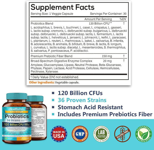 NewRhythm Probiotice 120 Miliarde Supliment cu Probiotice 30 Capsule Pe Bază De Plante
