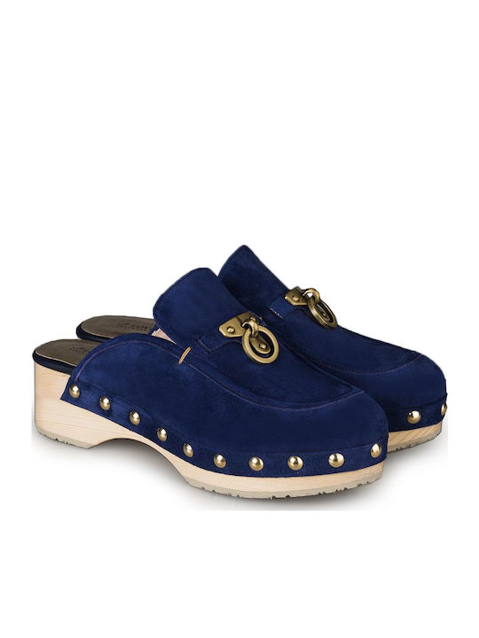 Leather Mules with Chunky Low Heel in Blue Color