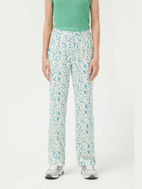 Compania Fantastica Women's High-waisted Fabric Trousers with Elastic Floral Green