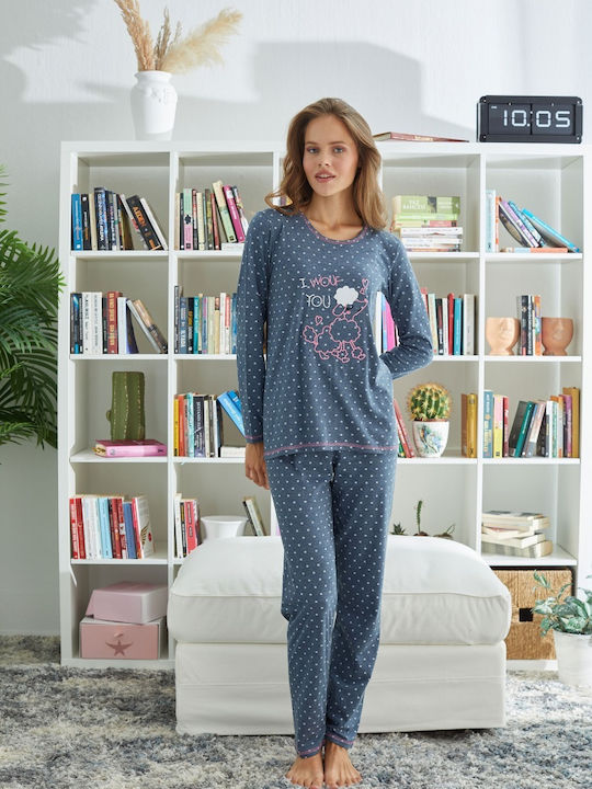 Sexen Winter Damen Pyjama-Set Baumwolle Petrol Blue