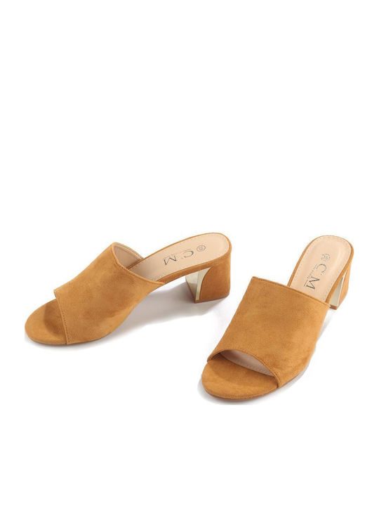 Suede Mules with Chunky Low Heel in Brown Color