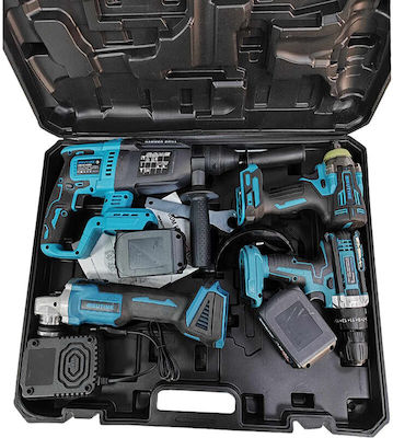 013117 Set Angle Wheel & Drill & Impact Drill Driver & Impact Driver & Hammer with 2 Batteries and Case