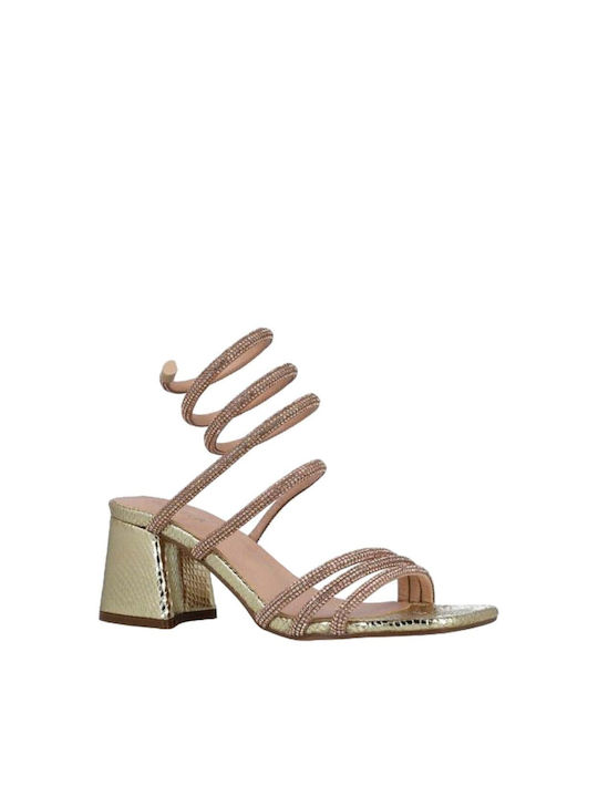 Menbur Leather Women's Sandals Gold with Medium Heel