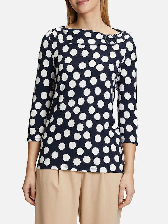 Betty Barclay Women's Summer Blouse with 3/4 Sleeve & Smile Neckline Polka Dot Navy Blue