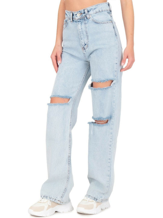 High Waist Women's Jean Trousers Flared with Rips Light Blue
