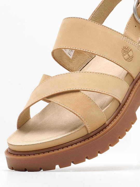 Clairemont Way Leather Women's Flat Sandals in Beige Color
