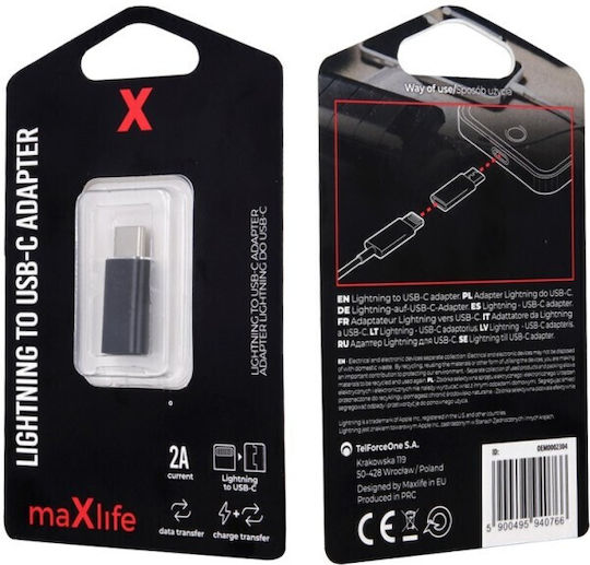 Maxlife Converter Lightning female to USB-C male Gray 1pcs