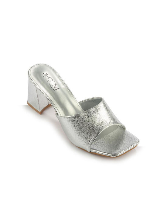 Fshoes Heel Leather Mules Silver