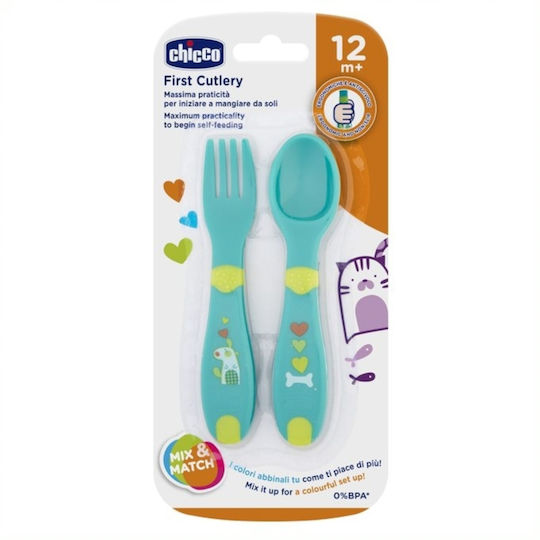 Chicco Baby Set with Fork First Cutlery made of Plastic for 12+ months Green 2pcs